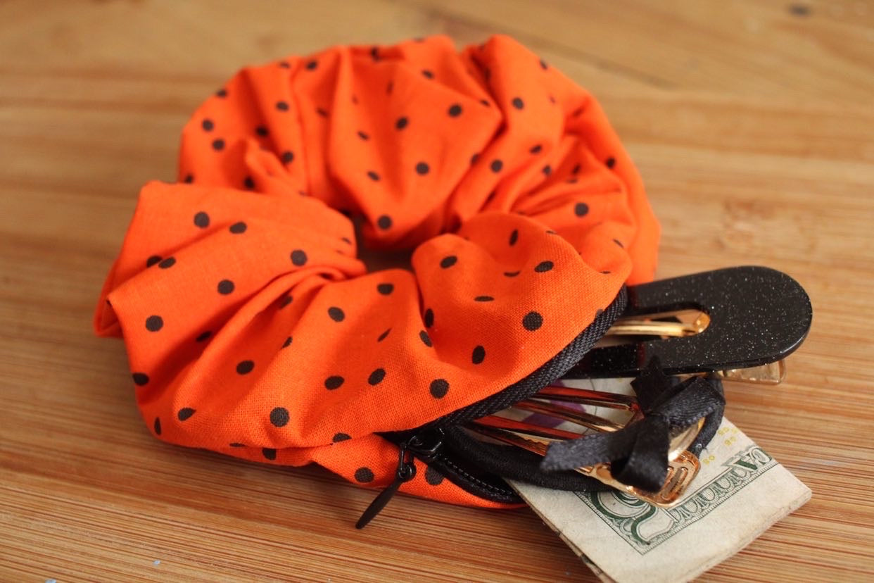 Orange Black Polka Dot Zipper Scrunchie